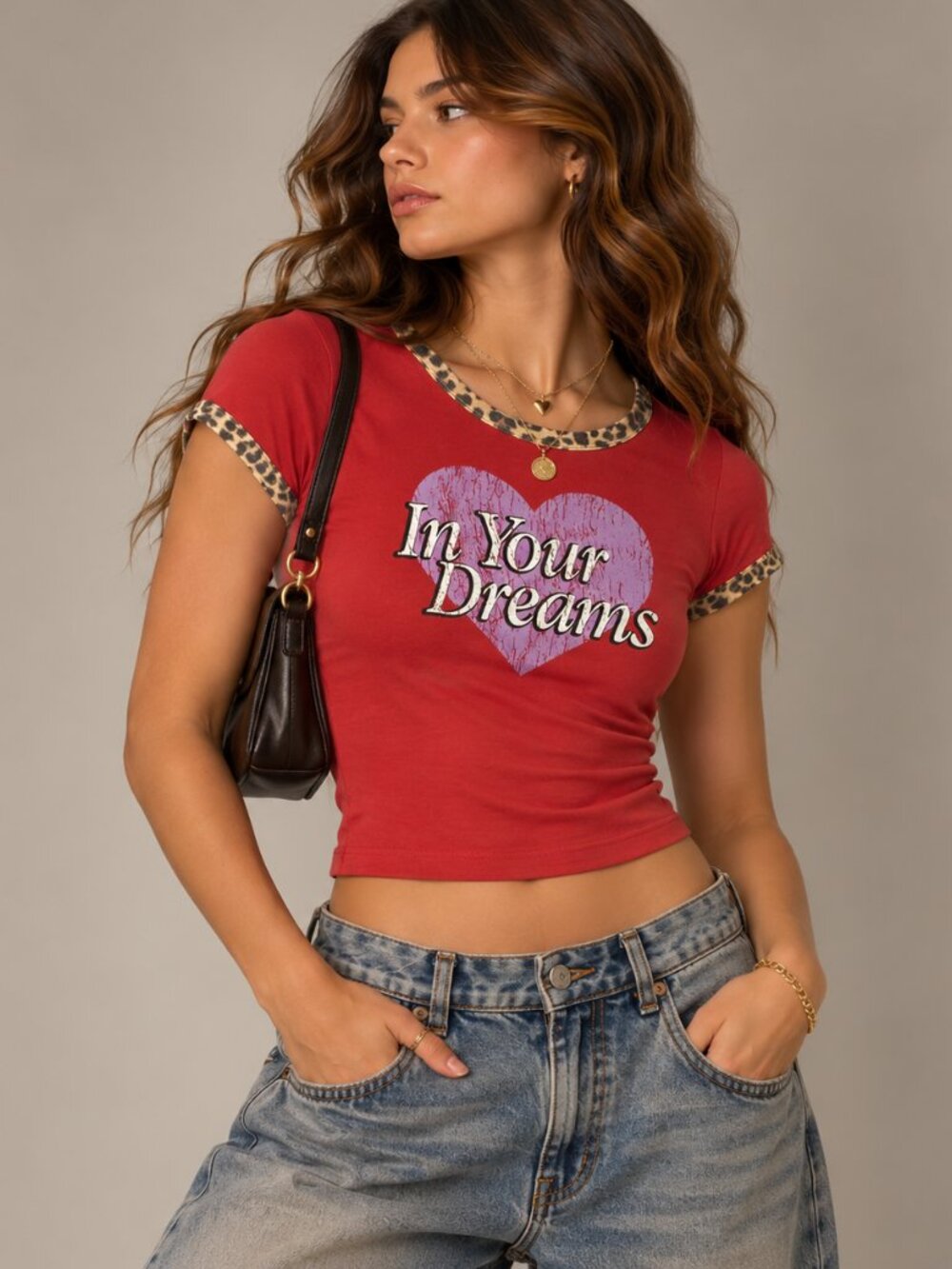 Urban Outfitters Y2K Ringer T-Shirt Womens XS Baby Tee Leopard In Your Dreams